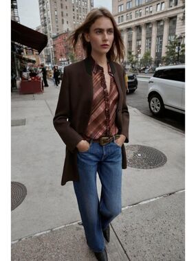 Zara Womens Coat Jacket Lapeless L Large Brown Shoulder pads 8455/125 NWOT